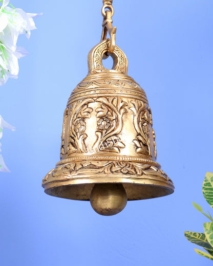 Pure Brass Heavy Hanging Temple Bell with Floral Design – Traditional Decorative Ghanti