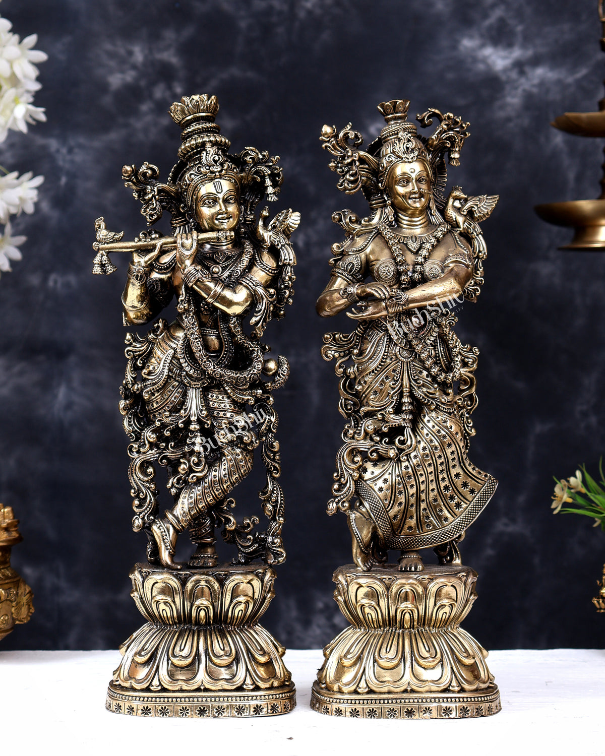 Brass Superfine Radha Krishna Idol Pair – Intricately Handcrafted Divine Sculpture (15 Inches)