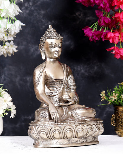Pure Brass Blessing Buddha Statue - Silver plated , 12.5" Height