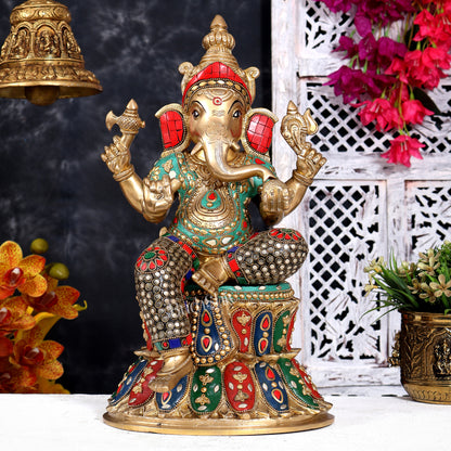 Brass Ganesha, Lakshmi, and Saraswati Idols on Lotus Base 15 inch with shringar and meenakari