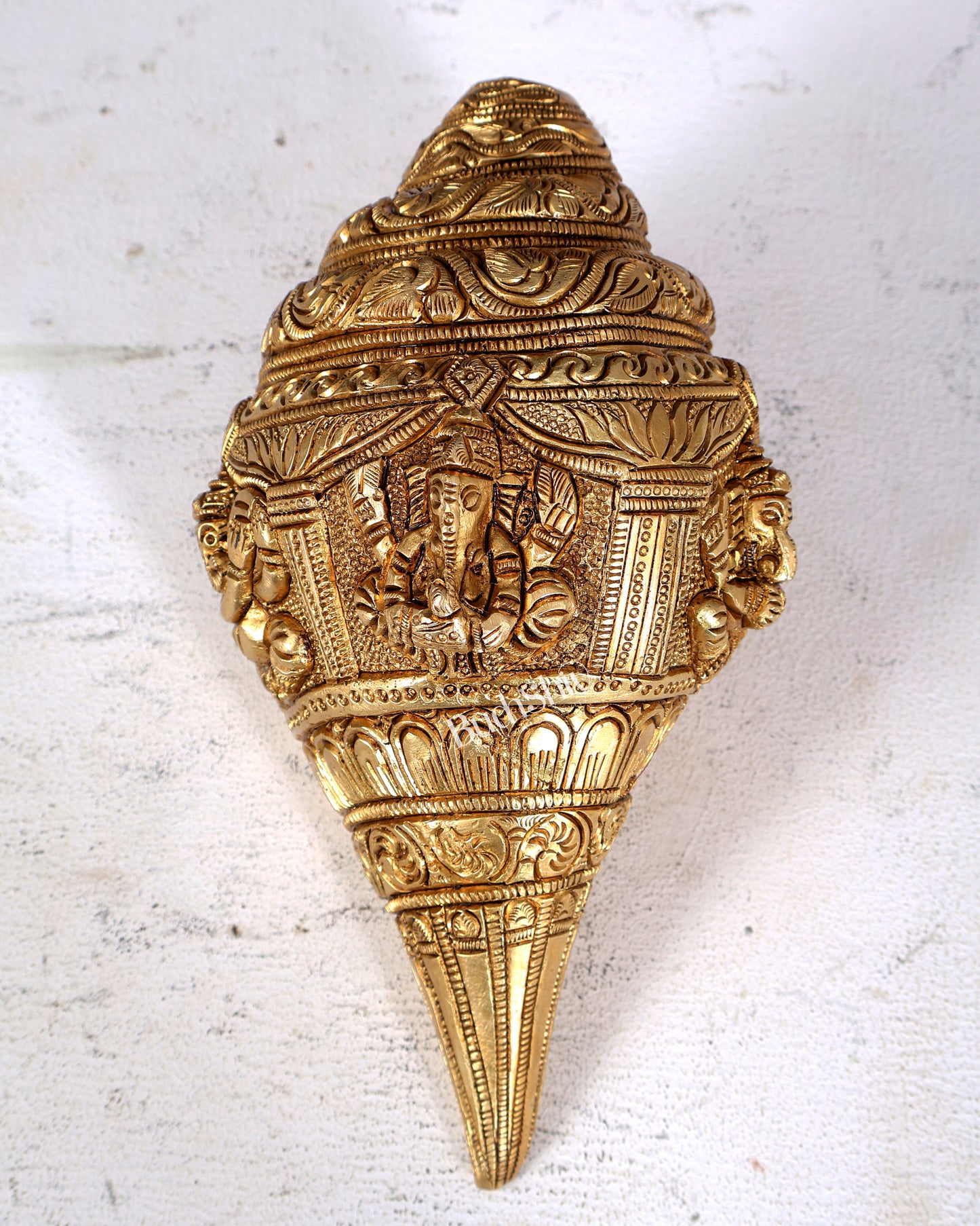 Brass Ganesha Playing Conch (Shankh) – Musician Idol | Auspicious Gift & Showpiece 8"