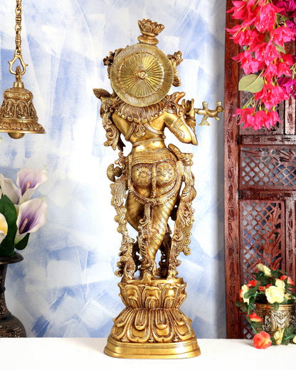 Premium Brass Lord Krishna Statue – Butter Gold Tone Handcrafted Divine Sculpture 30 inch
