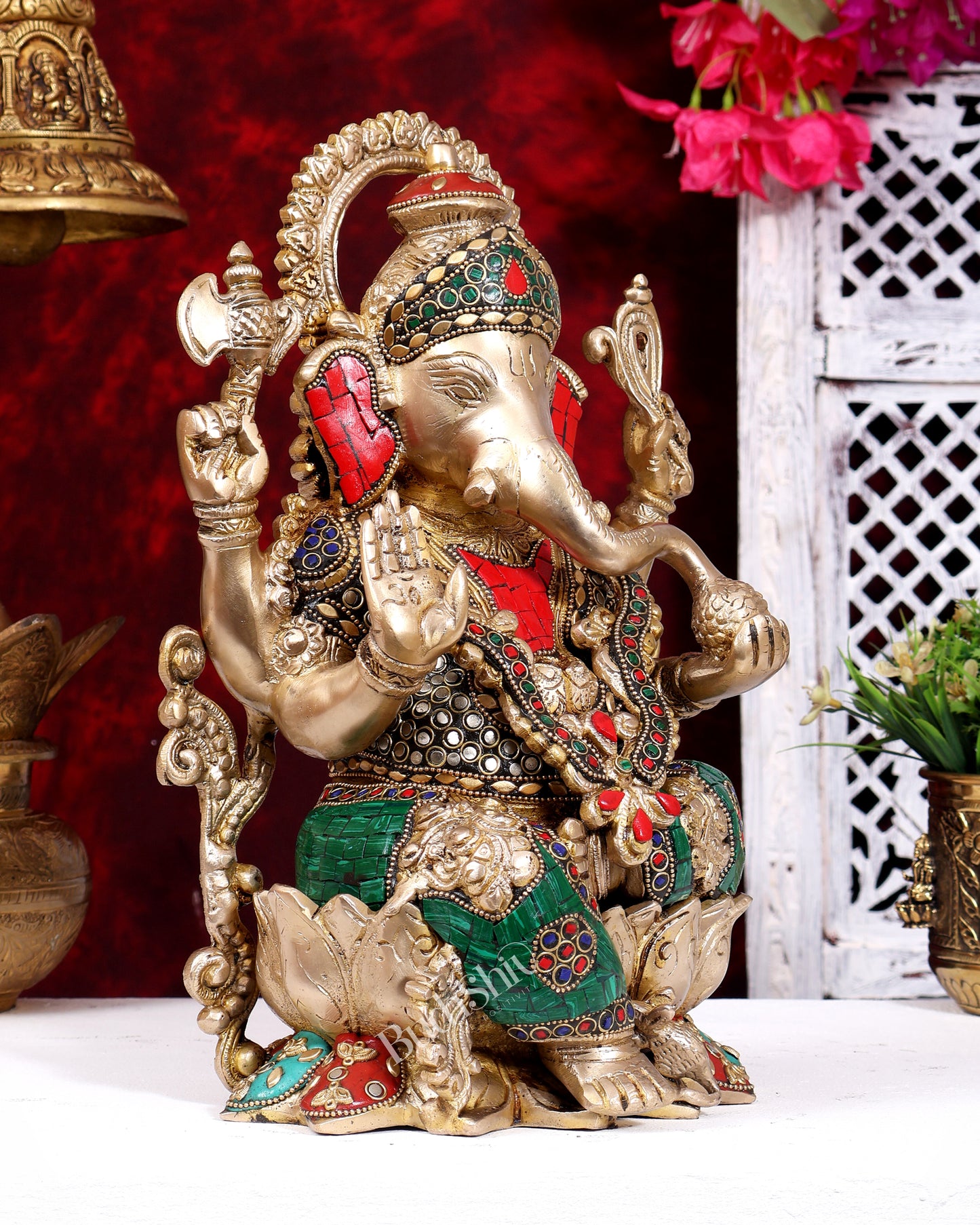 Kamalasana Ganesha Brass idol with stonework 12 inch Ganpati on lotus base