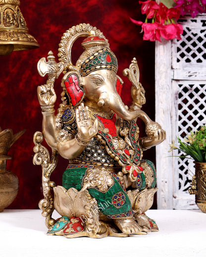 Kamalasana Ganesha Brass idol with stonework 12 inch Ganpati on lotus base