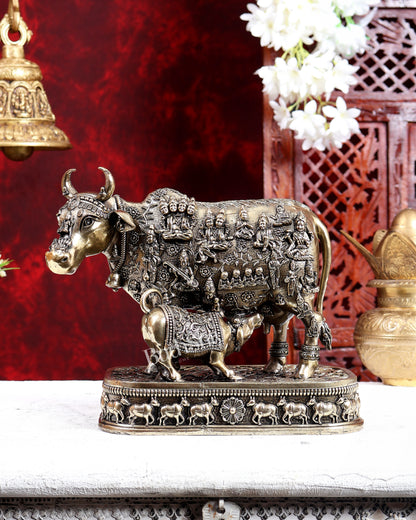 Brass Kamdhenu with Calf – All Gods Engraved Divine Idol 8 inch