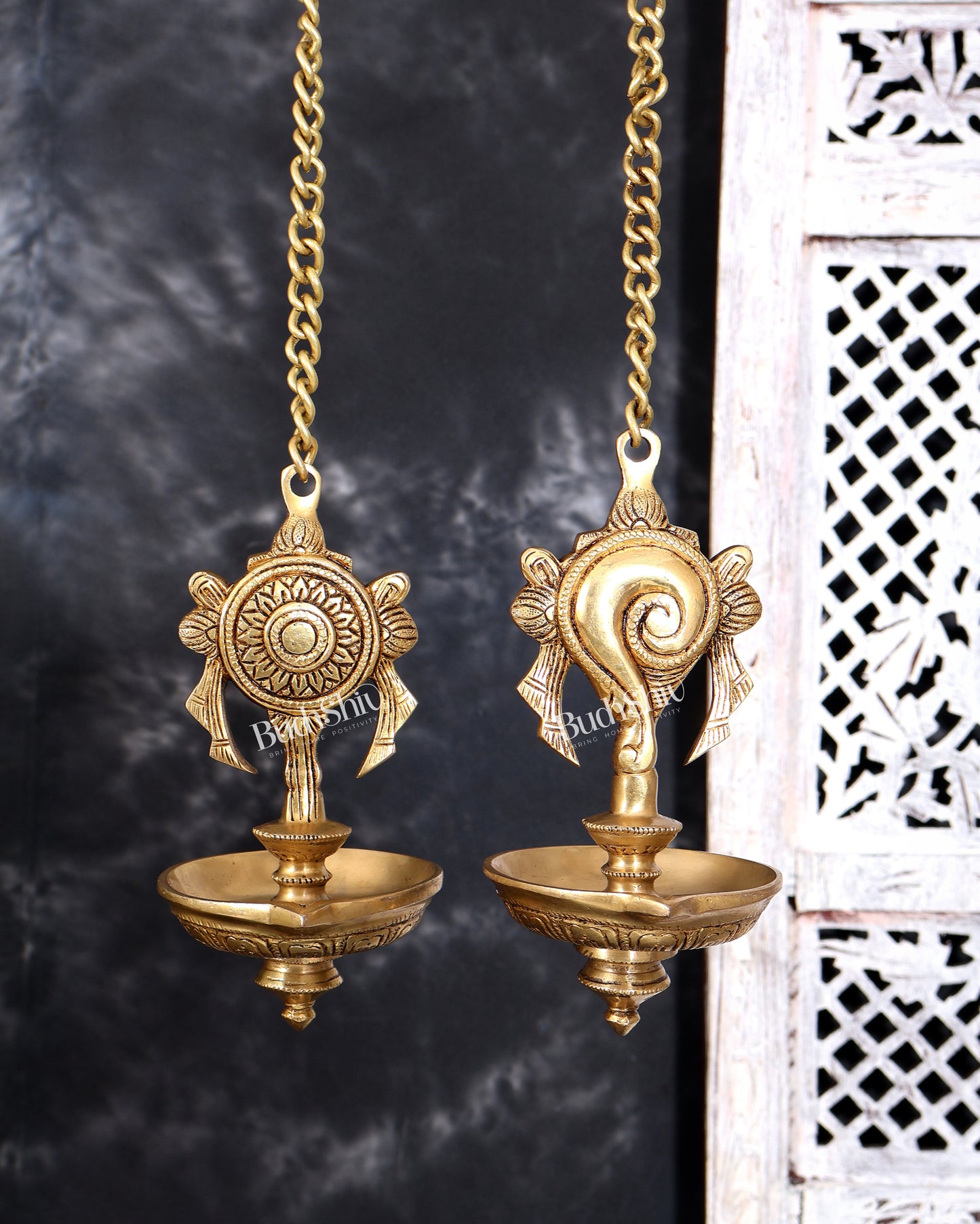 Brass Hanging Shankh and Chakra Lamp with Single Diya — Unique Design