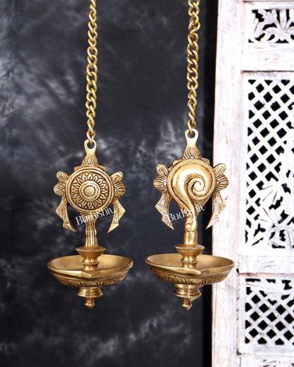 Brass Hanging Shankh and Chakra Lamp with Single Diya — Unique Design