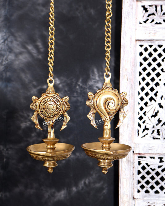 Brass Hanging Shankh and Chakra Lamp with Single Diya — Unique Design