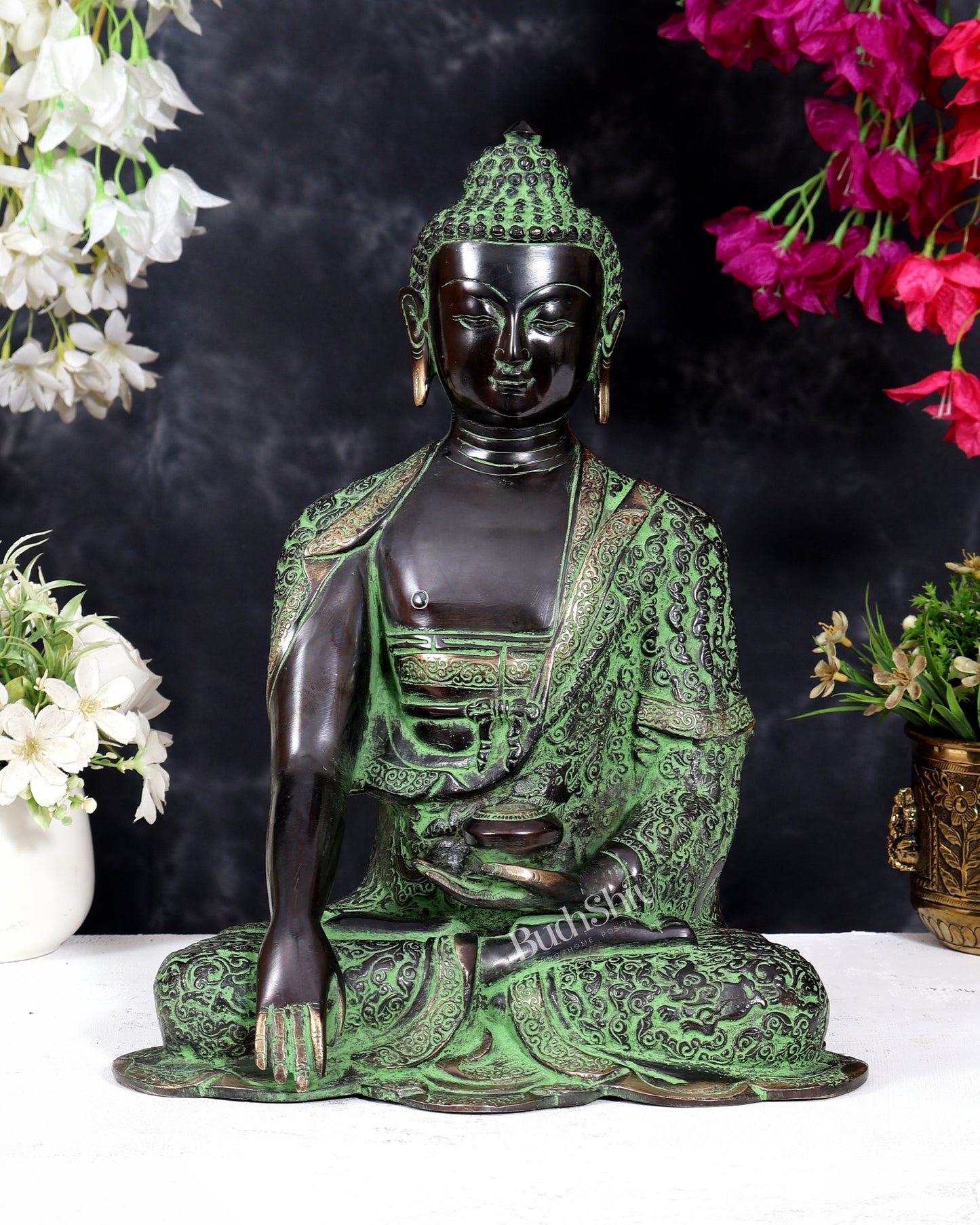 Pure Brass Buddha Statue — Black Green Sand Patina Tone 14 inch