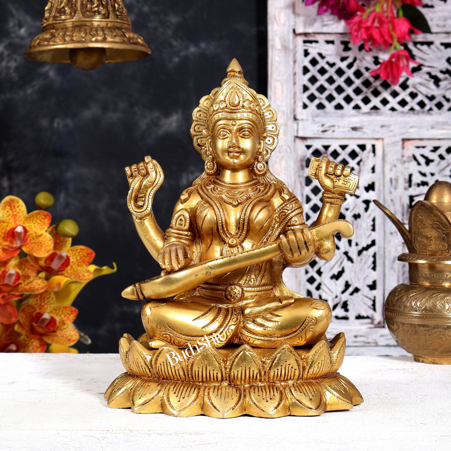 Brass Ganesha Lakshmi Saraswati on Lotus — Idol Set 10.5 inch