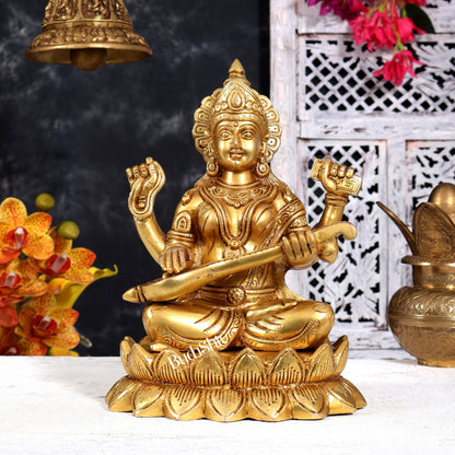 Brass Ganesha Lakshmi Saraswati on Lotus — Idol Set 10.5 inch