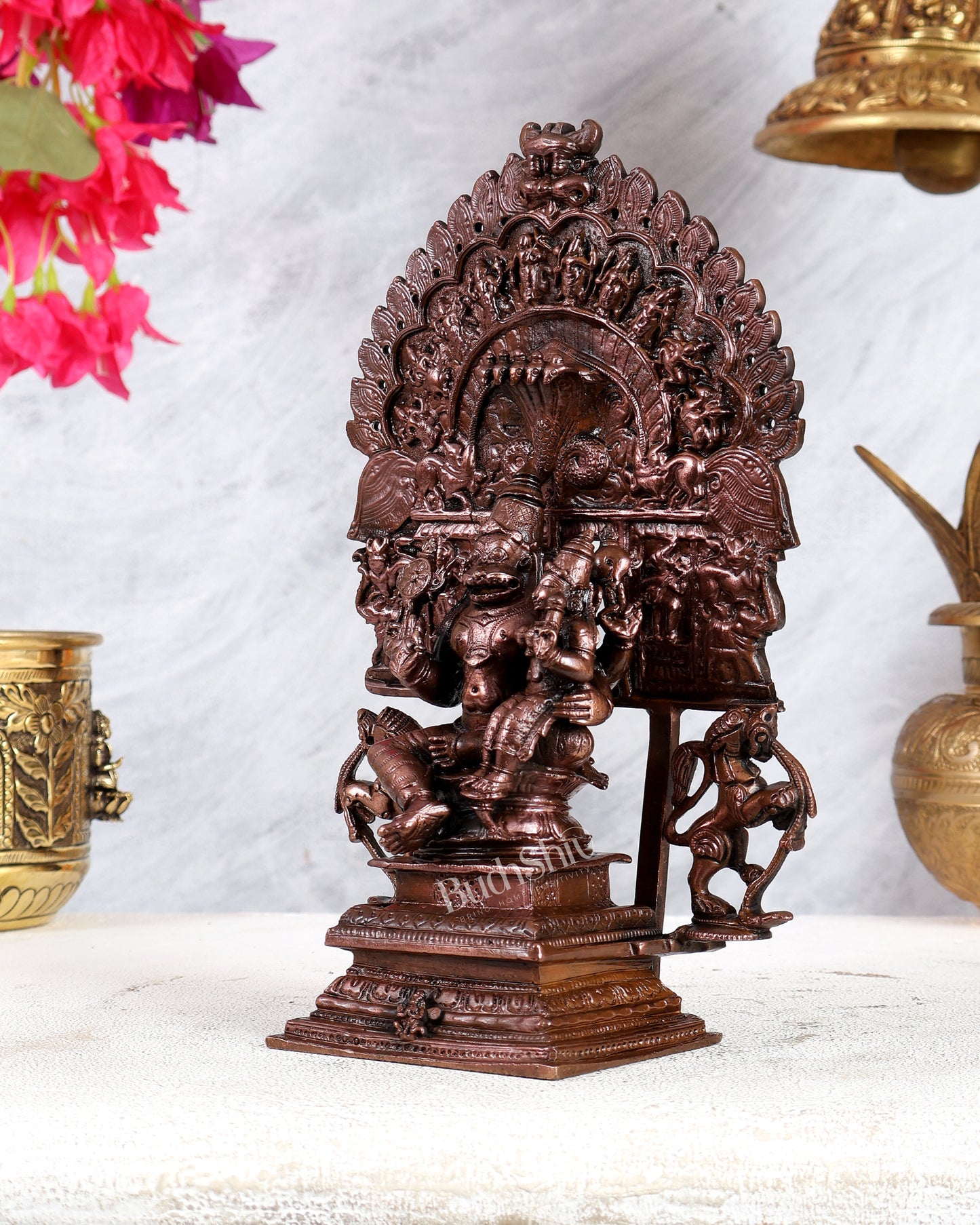 Pure Copper Lakshmi Narasimha Swamy with Dashavatar Peeta & Prabhavali – Divine Vishnu Avatar Sculpture (9 Inches)