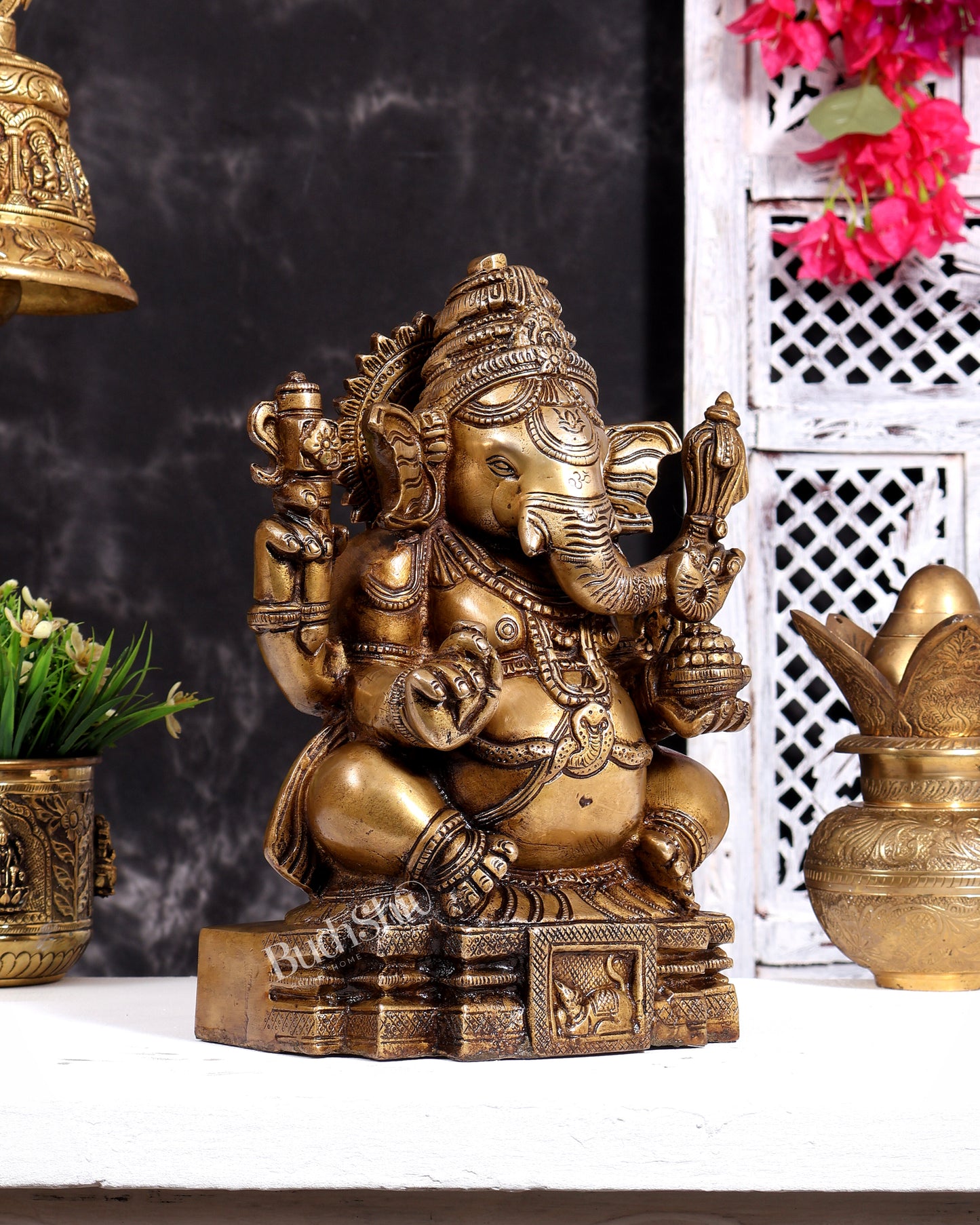Brass Ganesha Unique Statue - Dull Gold Finish 11 inch