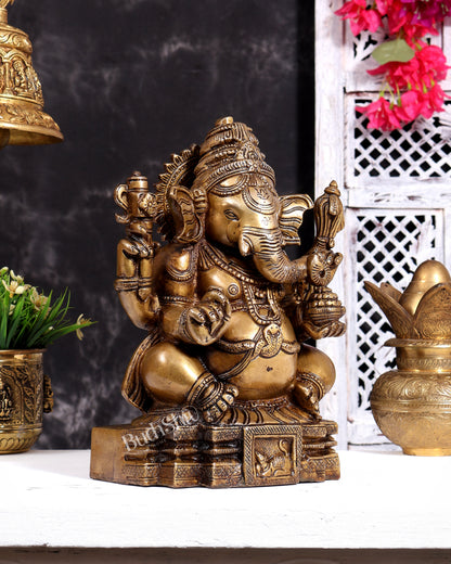Brass Ganesha Unique Statue - Dull Gold Finish 11 inch