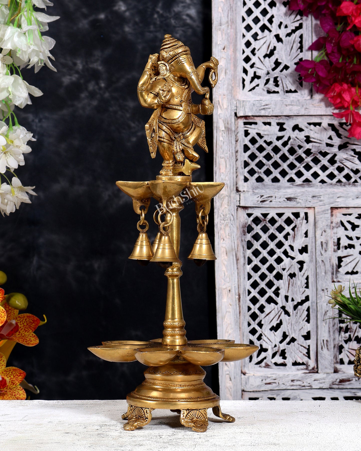 Brass Dancing Ganesha Oil Lamp — Samai Vilakku diya 17 inch