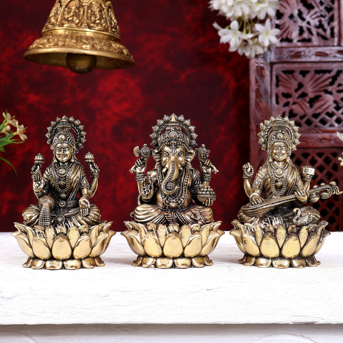 Brass Superfine Ganesh Lakshmi Saraswati Idols Cross-Legged on Lotus Base 5 inch