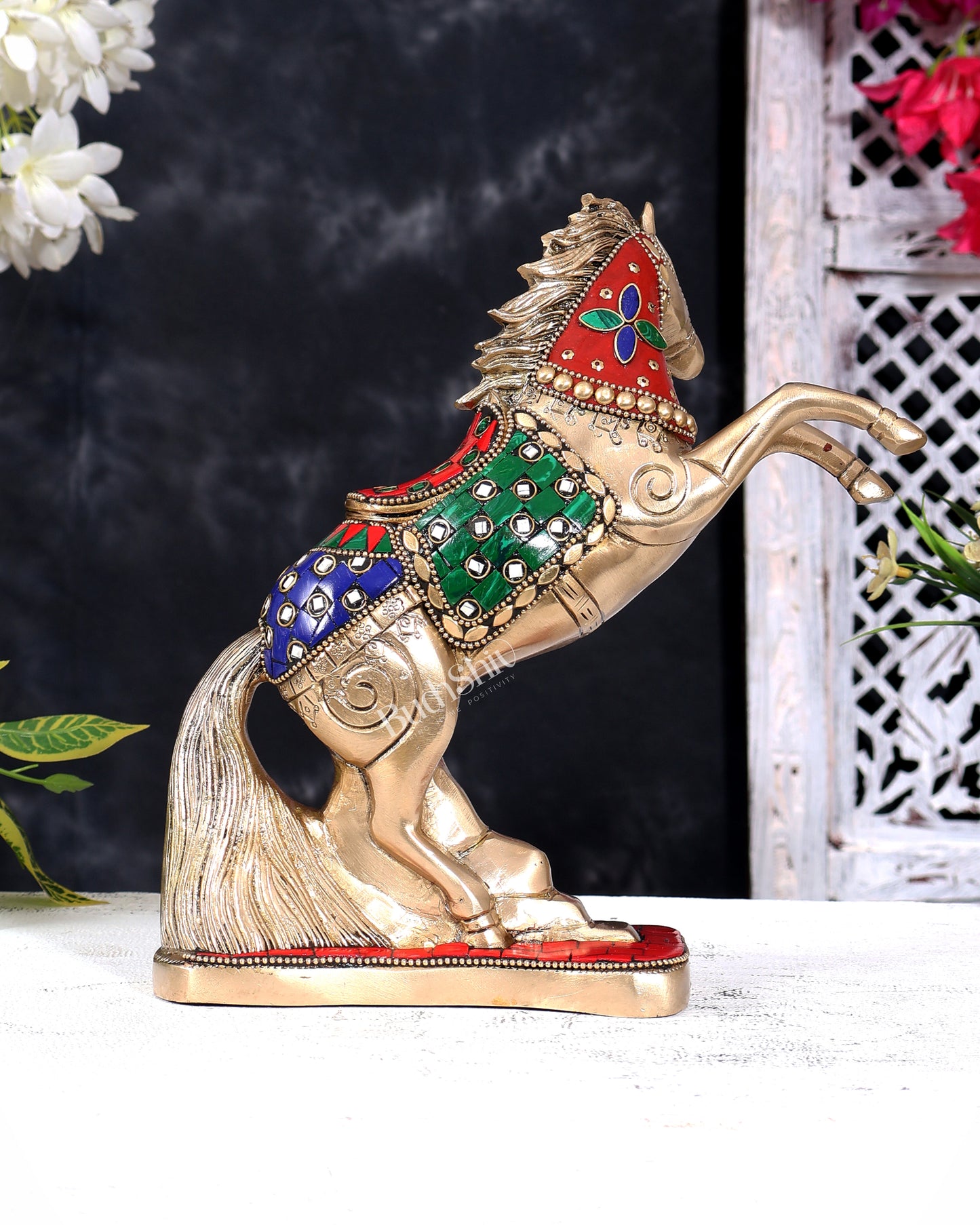 Pure Brass Vastu Feng Shui Jumping Horse Statue — with Stonework 8.5 inch