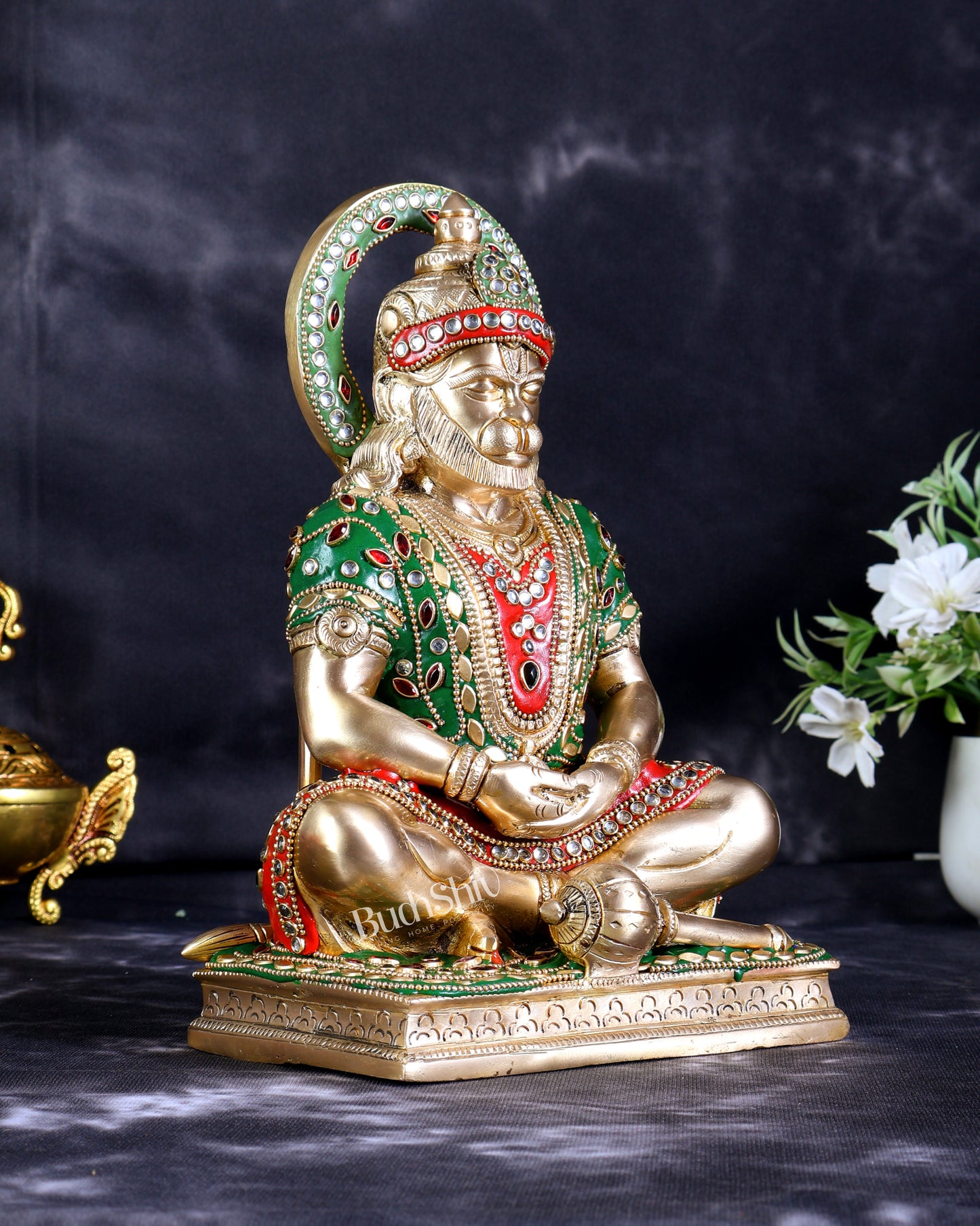 Brass Hanuman Ji in Meditation Statue (9 Inch ) meenakari