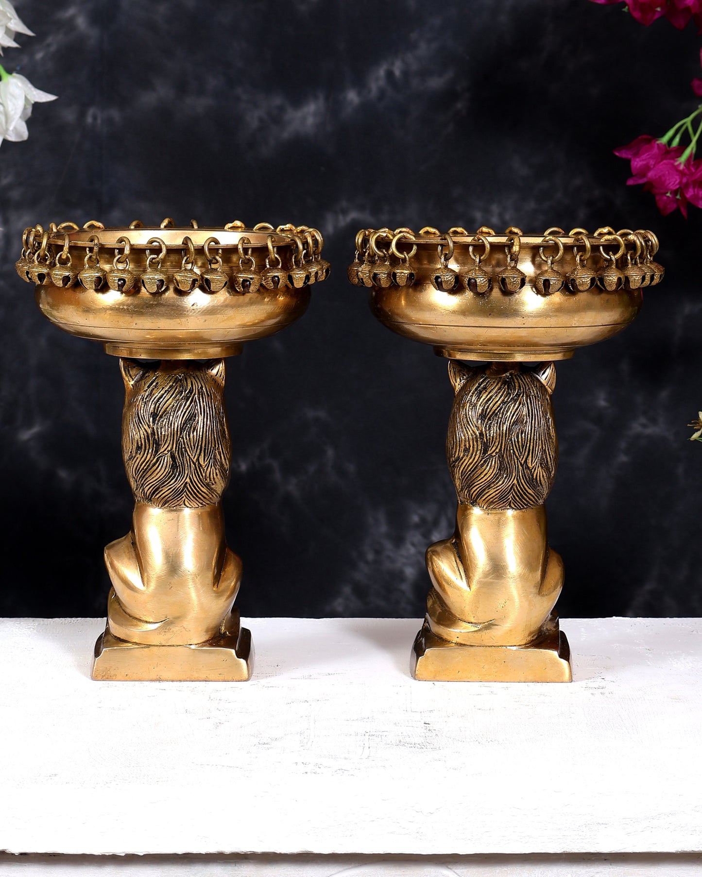 Brass Sitting Lion with Urli – Decorative & Auspicious Artefact 9.5 inch pair