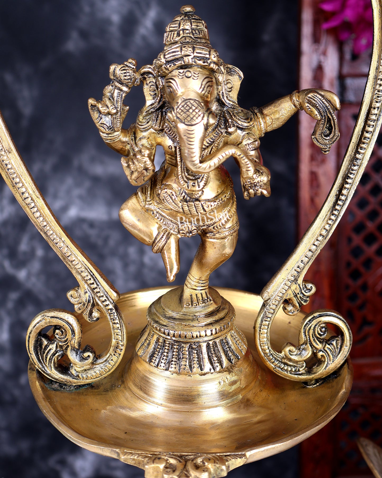 Brass Dancing Ganesha Oil Lamp – Vintage Hanging Deepam with Chain 38 inch
