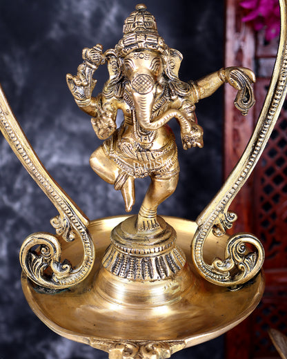 Brass Dancing Ganesha Oil Lamp – Vintage Hanging Deepam with Chain 38 inch