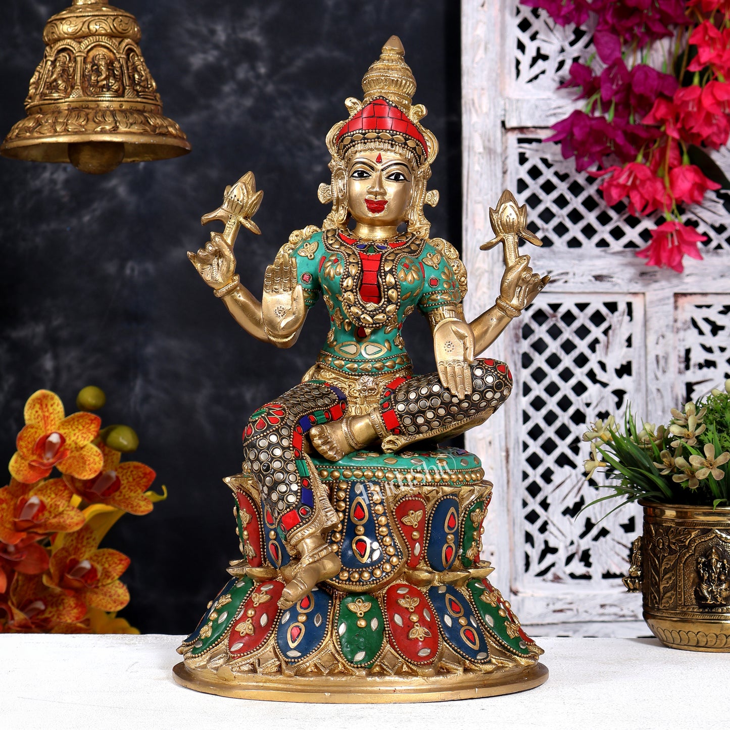 Brass Ganesha, Lakshmi, and Saraswati Idols on Lotus Base 15 inch with shringar and meenakari
