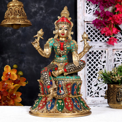 Brass Ganesha, Lakshmi, and Saraswati Idols on Lotus Base 15 inch with shringar and meenakari