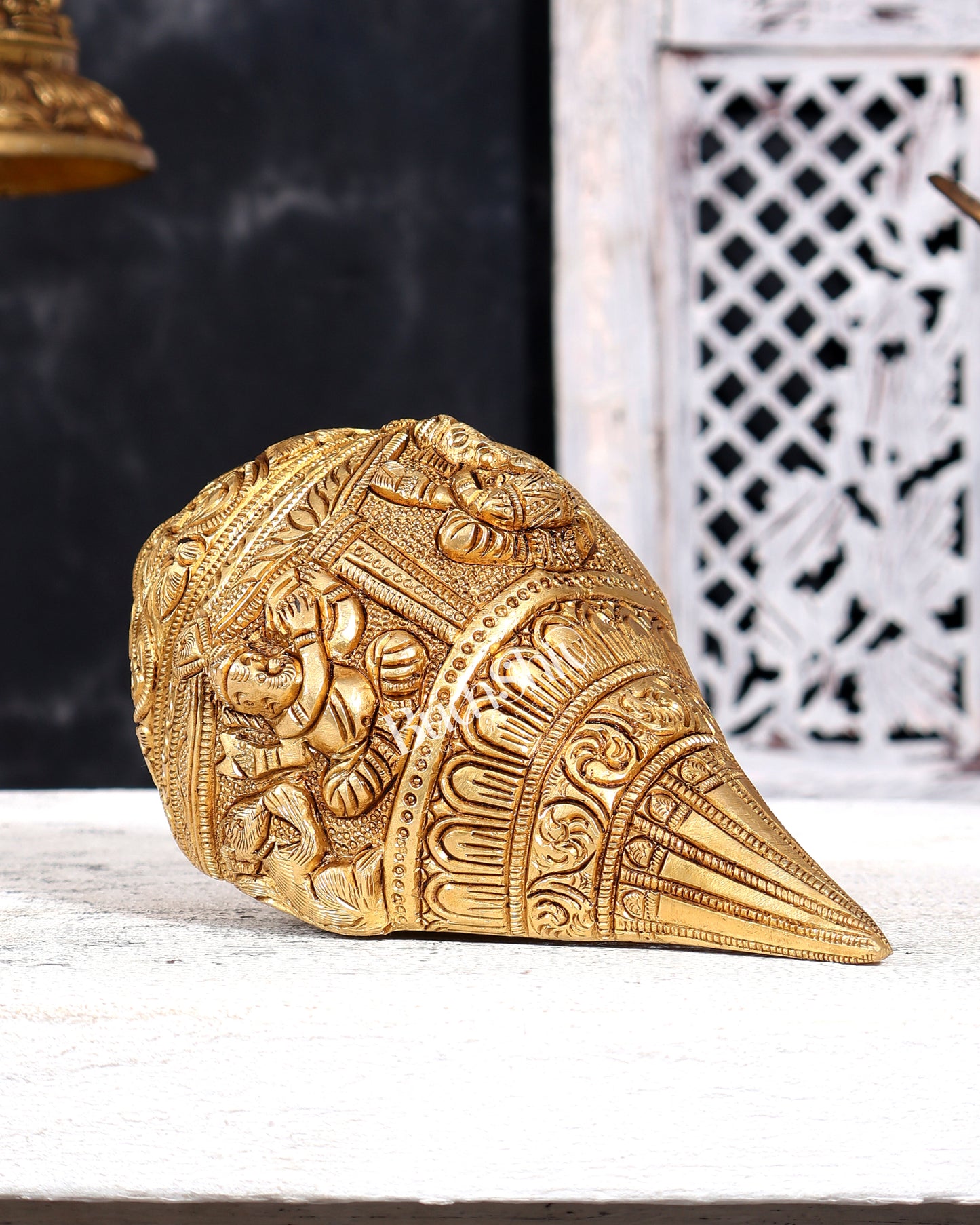 Brass Ganesha Playing Conch (Shankh) – Musician Idol | Auspicious Gift & Showpiece 8"