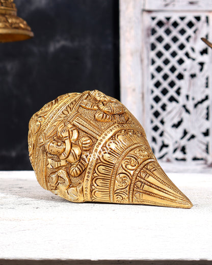 Brass Ganesha Playing Conch (Shankh) – Musician Idol | Auspicious Gift & Showpiece 8"