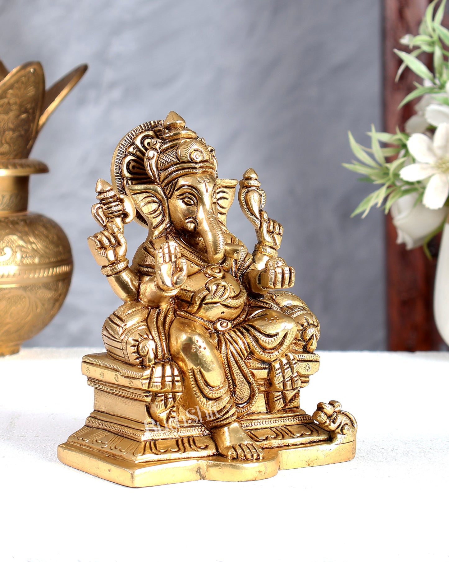 Brass Raja Ganesha on Throne Idol – Royal Handcrafted Lord Ganesha Sculpture (5.5 Inches)