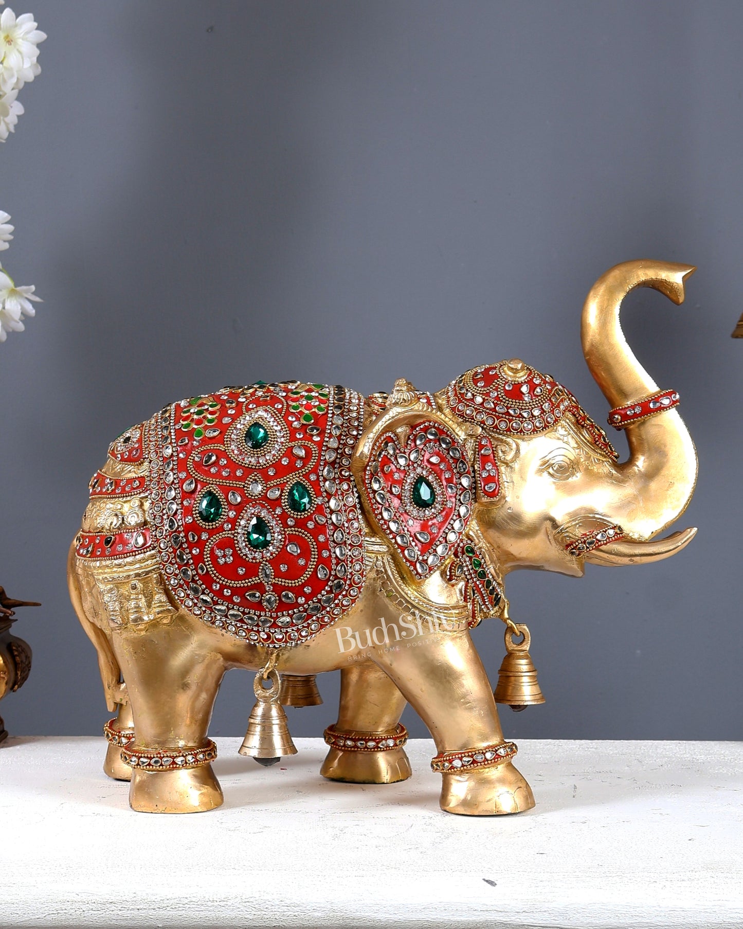 Brass Maharaja Elephant Showpiece – Rajasthani Meenakari & Stone Work Royal Décor (15 Inch wide)