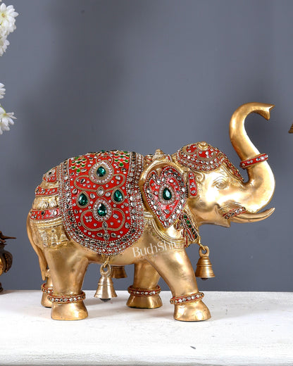 Brass Maharaja Elephant Showpiece – Rajasthani Meenakari & Stone Work Royal Décor (15 Inch wide)