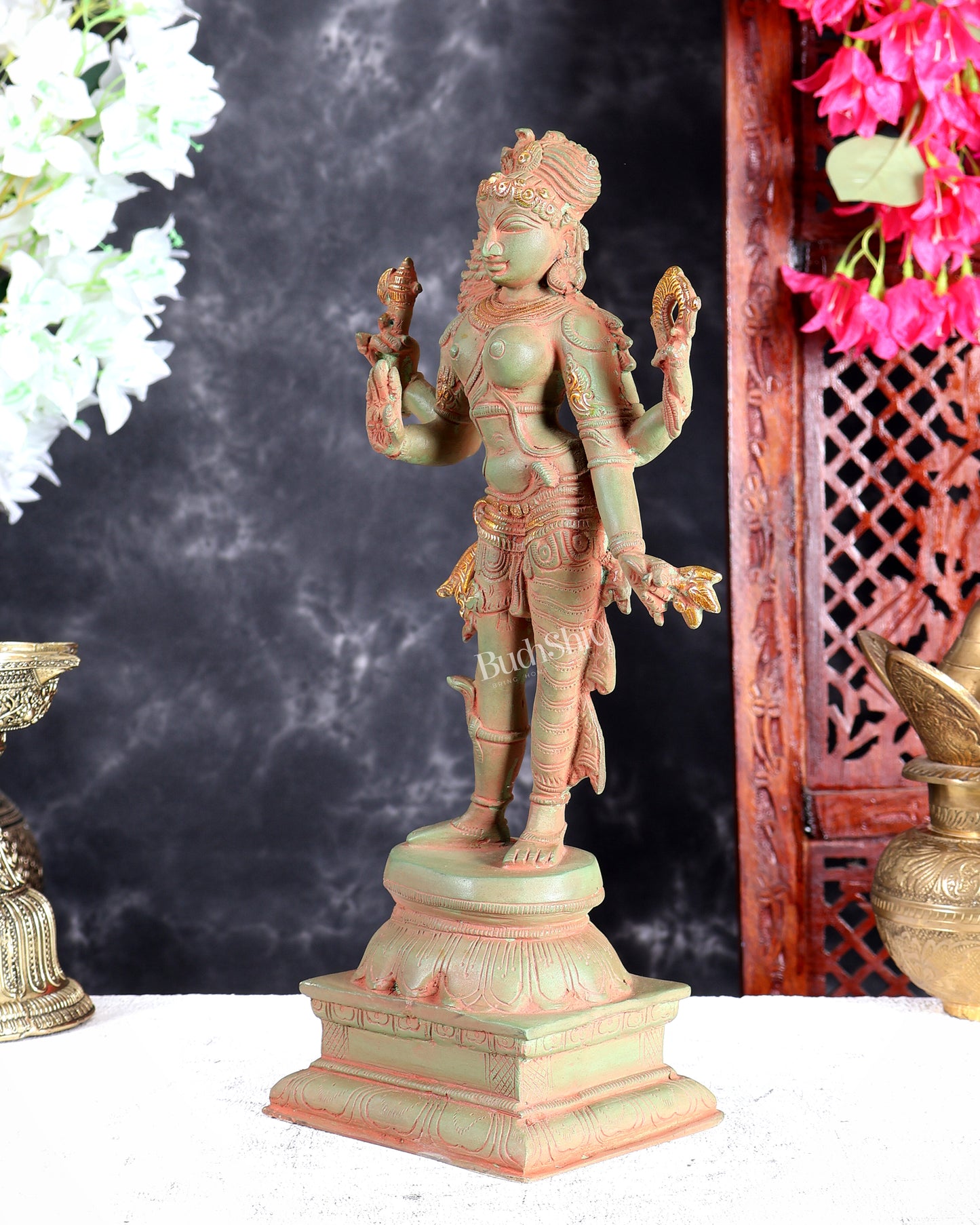 Pure Brass vintage Ardhanarishwara idol 13.5" Green sand patina tone