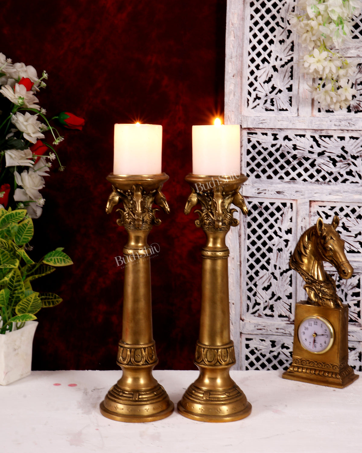Brass Horse Design Pillar Candle Stand — Classic Theme  14 inch