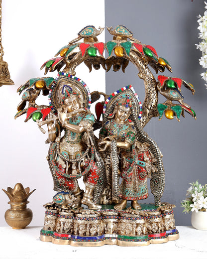 Premium Pure Brass Radha Krishna under Vrindavan Tree with Meenakari Stonework – Grand Handcrafted Temple Sculpture 30 inch tall