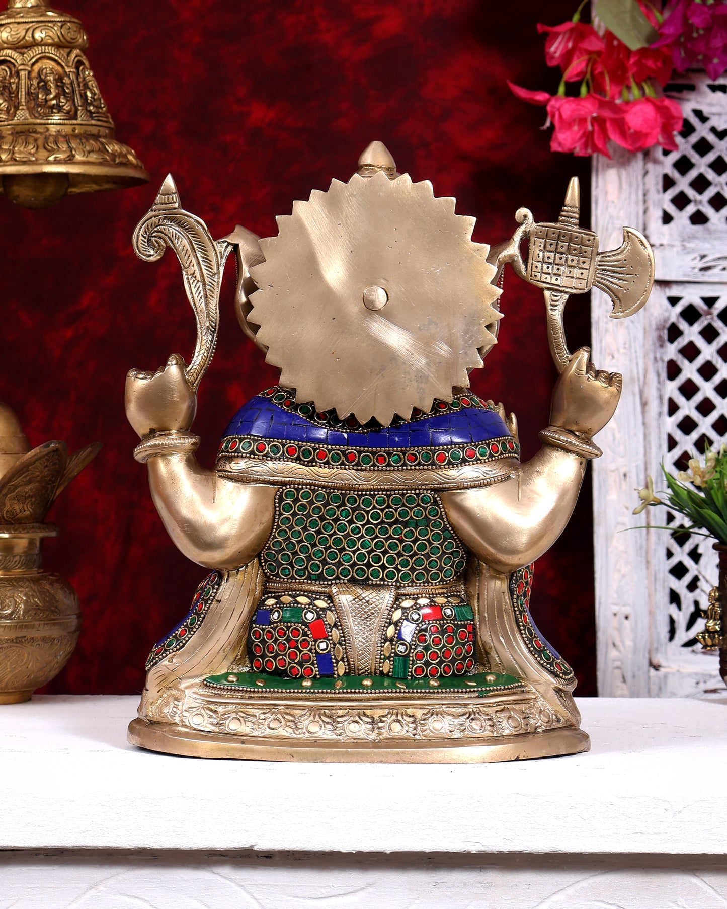 Brass Ganesha Statue with meenakari Stonework - 12 inch