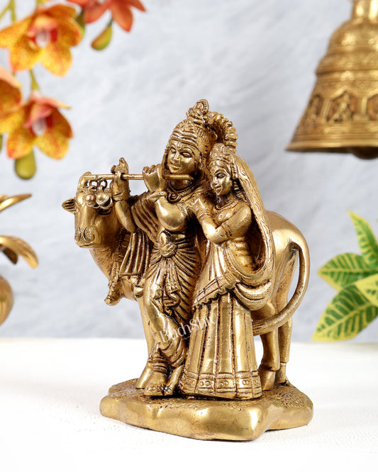 Brass Radha Krishna with Cow Idol Murti | Height 5.5 inch