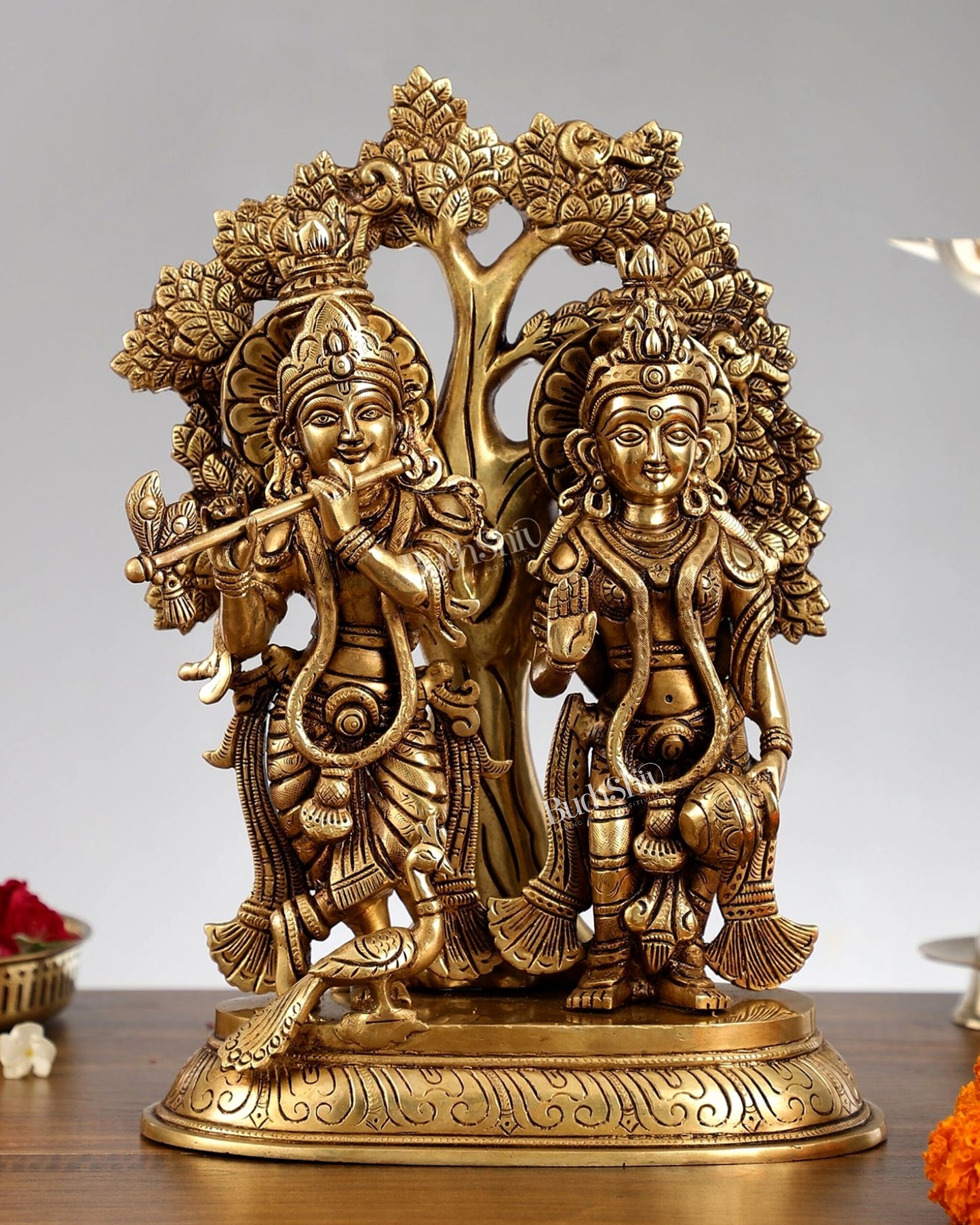 Pure Brass Radha Krishna Idols with Kalpavriksha Tree 14"