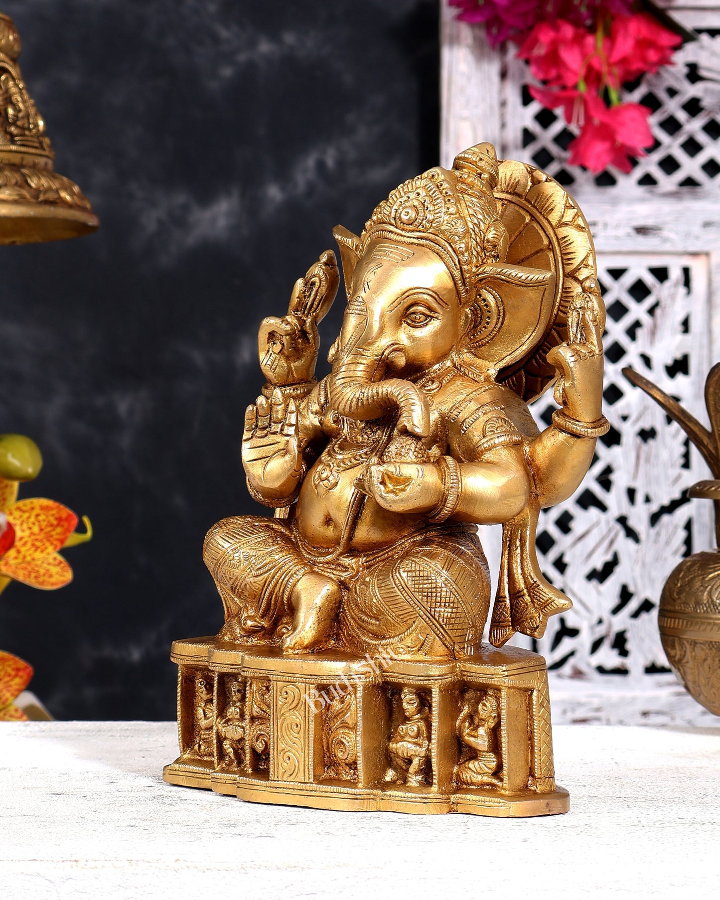 Unique Brass Ganesha Statue with Base Carvings 8 inch