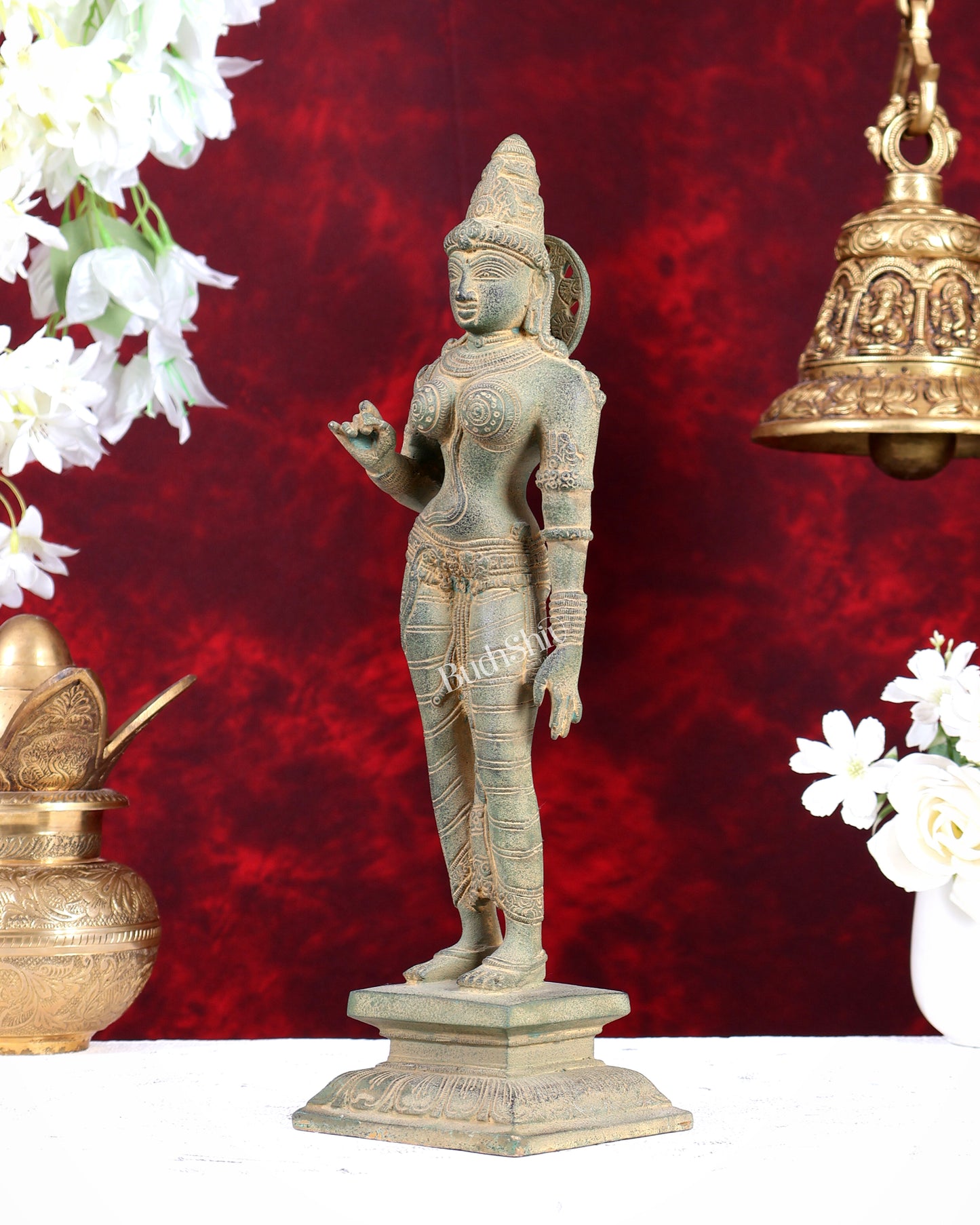 Pure Brass Standing Goddess Uma Parvati Sivagami Sculpture – 13” Stonefinish