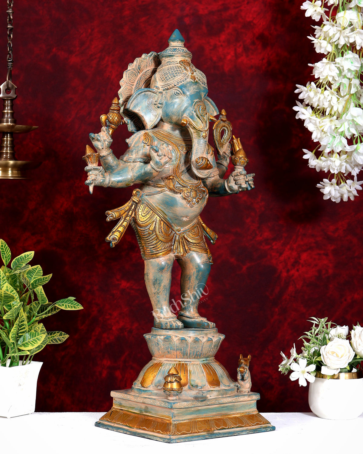Vintage Brass Standing Ganesha Statue - 26" Tall blue patina
