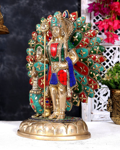 Brass Lord Murugan with Open-Wing Peacock Statue – Handcrafted Divine Idol 9.5 inch with Stonework