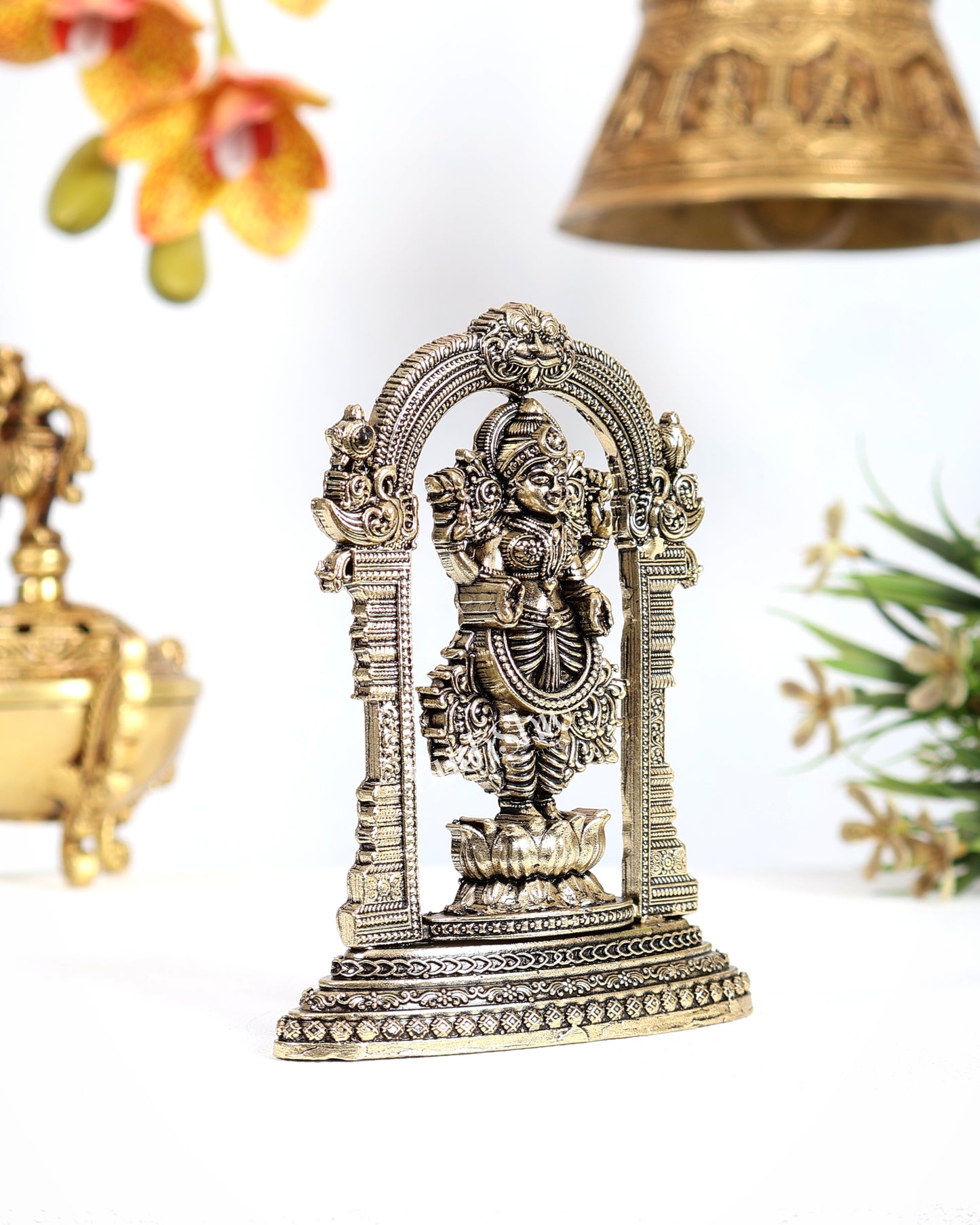 Brass Superfine 2D Standing Lakshmi Idol with Prabhavali Arch – Lotus Base Sculpture 4.5 inch