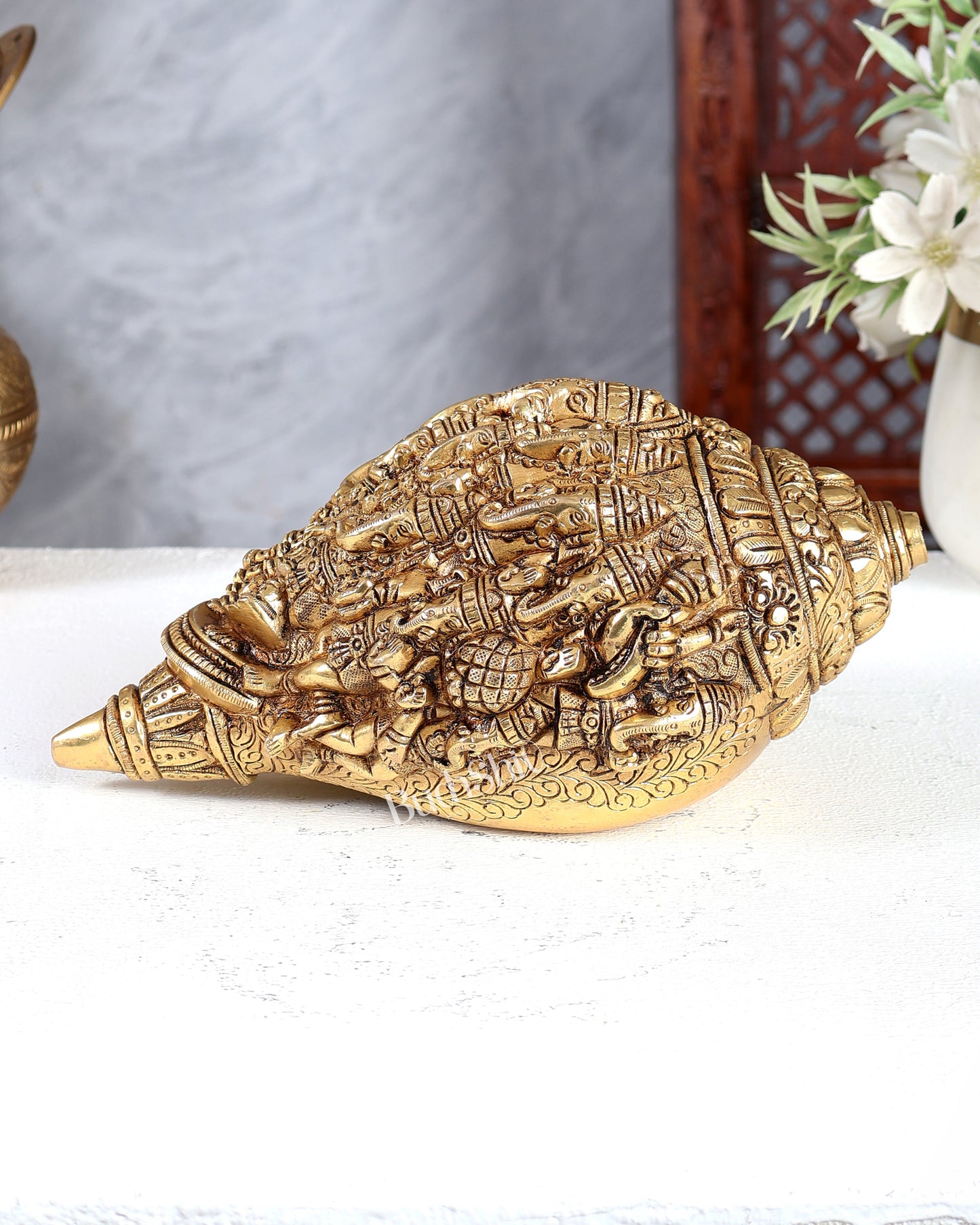 Brass Mahaganapati Shankh – Intricately Detailed Auspicious Lord Ganesha Conch Sculpture 8.5 inch