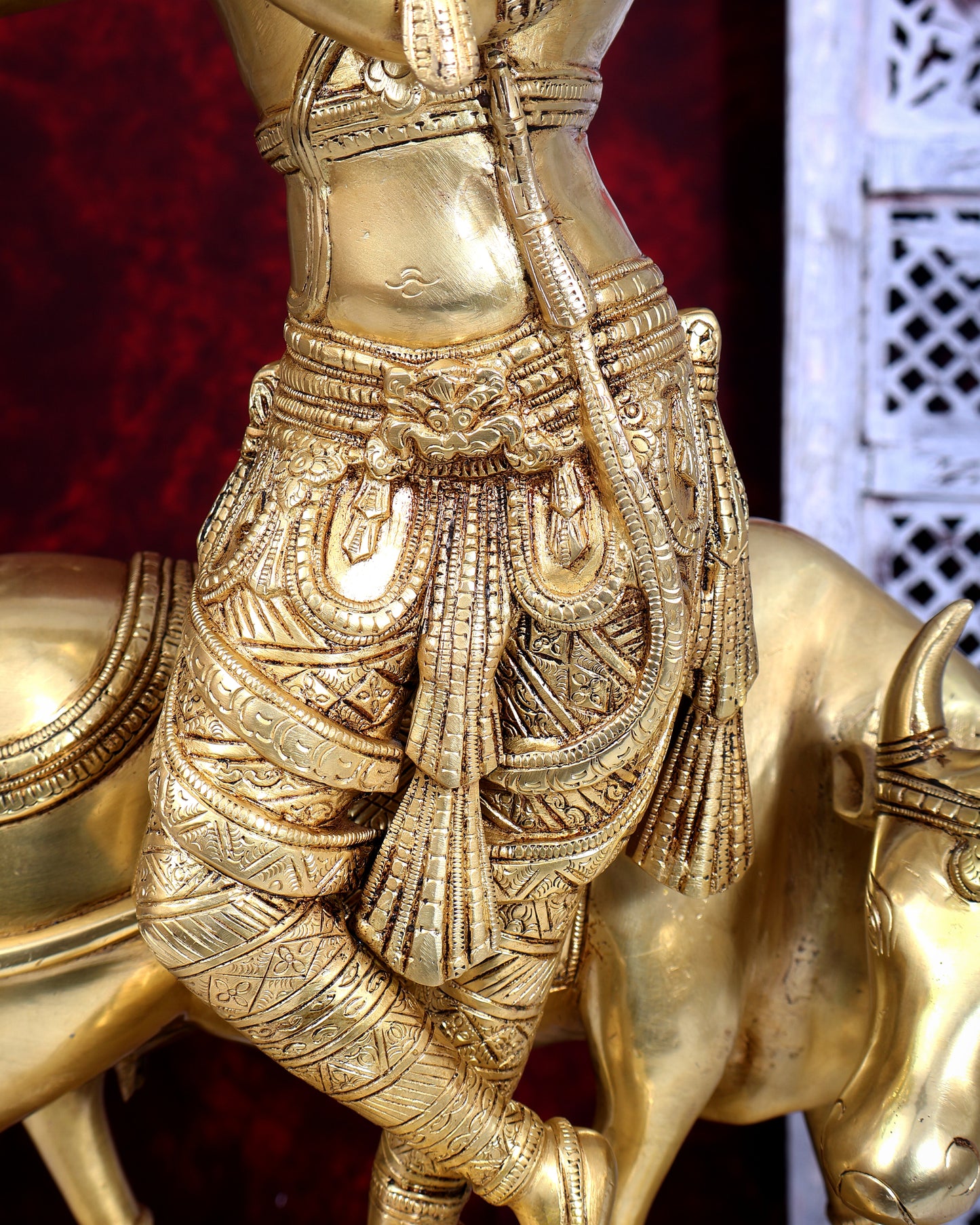 Brass Krishna with cow sleek and simple Sculpture 27 inch