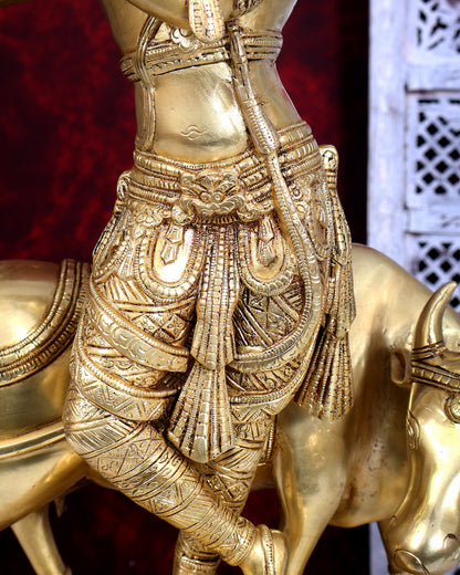 Brass Krishna with cow sleek and simple Sculpture 27 inch
