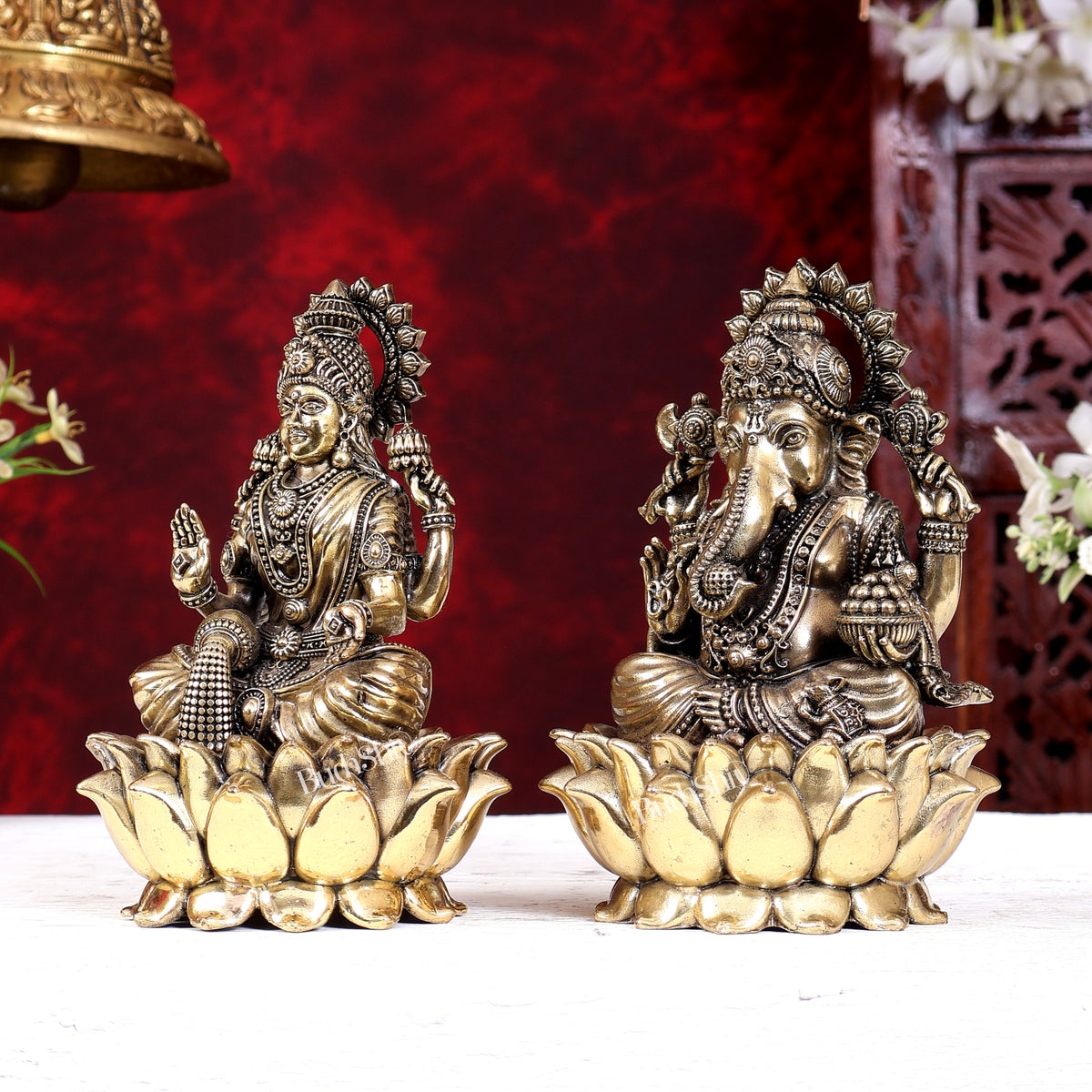 Brass Superfine Ganesh Lakshmi Idols Cross-Legged on Lotus Base 5 inch