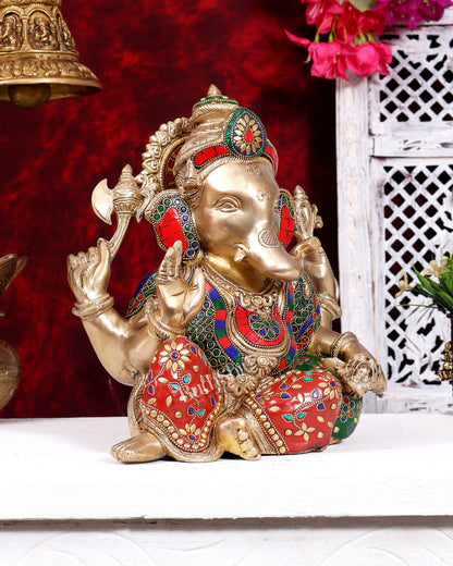 Brass Resting Ganesha Statue – Unique Relaxed Pose Divine Sculpture (11 Inch) with meenakari