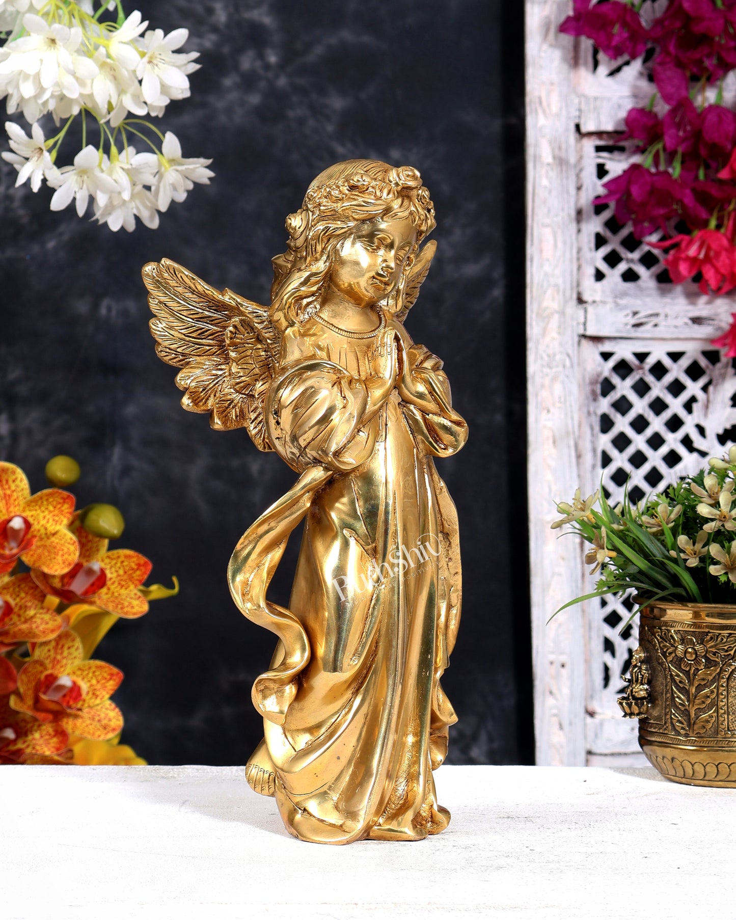 Brass Angel Devoted with Palms Together in Namaste Sculpture 12 inch