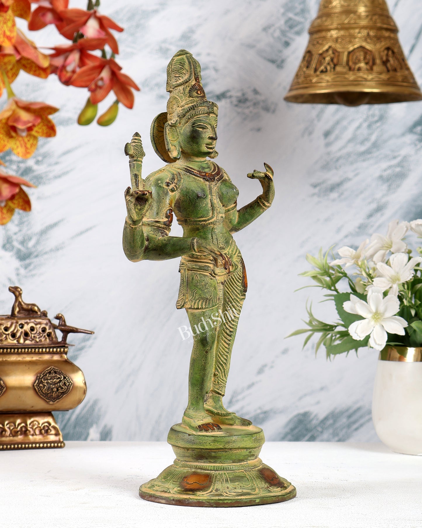 Vintage Brass Ardhanarishwara Idol – Green sand Tone Shiva Shakti Sculpture (11.2 Inch)